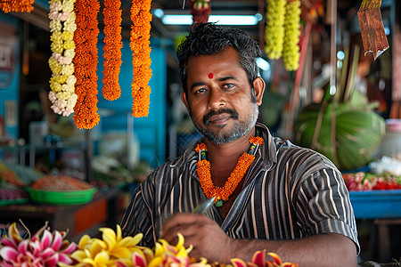 印度男人制作花环的男子背景