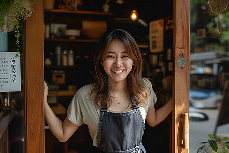 开店选址开店门的微笑女人背景