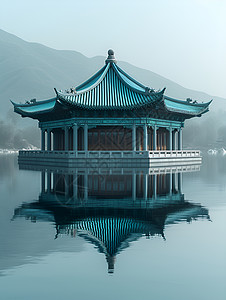 怪石峪在水中的中国古典建筑插画