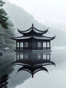 湖畔的中国亭台背景图片