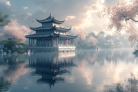 一幅湖中中国建筑画图片