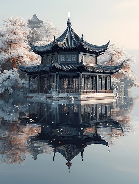 水中倒映的中国亭台图片
