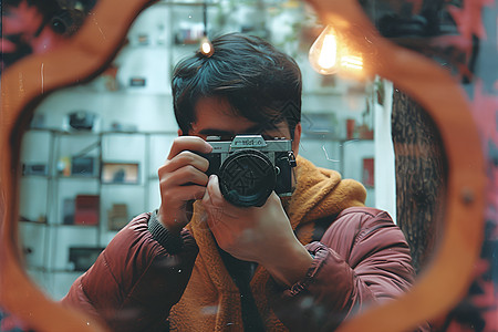 相机聚焦男子在镜子前用相机背景