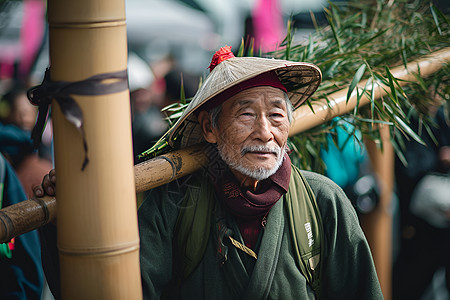 老人背上长长的竹杆图片