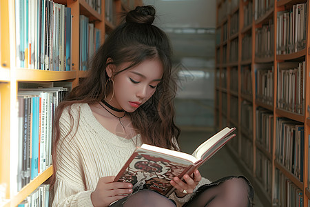 图书馆中阅读书籍的女孩图片