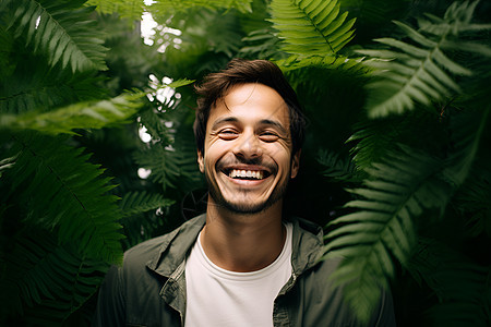 欢乐微笑的男子与绿叶相伴图片
