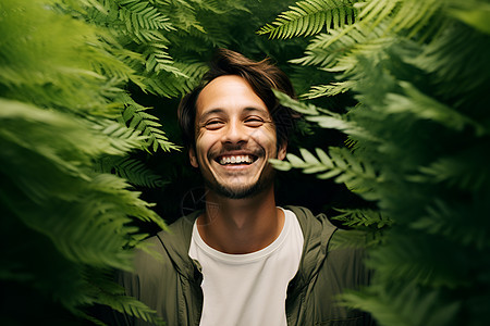 绿叶环绕的快乐微笑男子图片