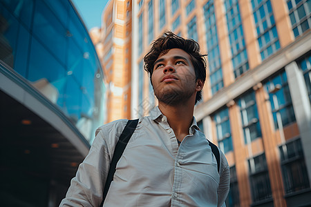 街道高楼下的男子背景图片