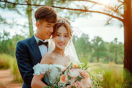 欢笑的新婚夫妇高清图片