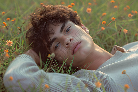 年轻人躺在草地上图片