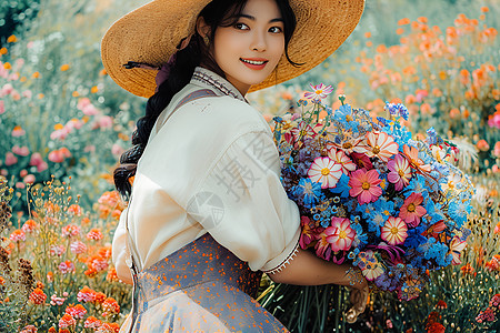 女人手持花束站在花海中图片