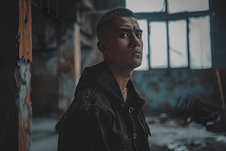 男子站在黑暗的废弃建筑里背景图片
