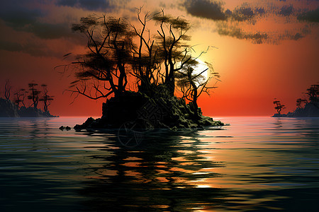 水中小岛的夜景图片