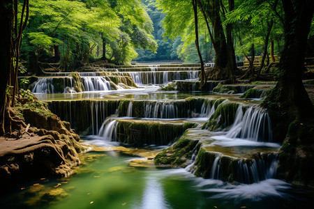 绿意盎然的夏季丛林瀑布景观背景图片