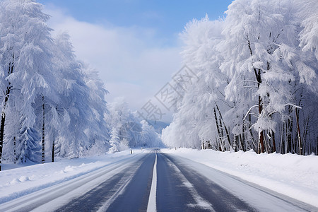 雪地飘零的冬日森林道路图片