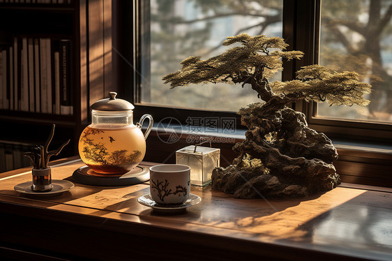松树与茶具图片