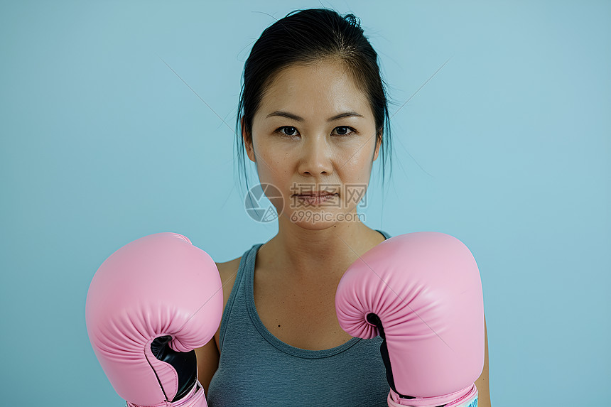 女子戴着粉色拳击手套图片