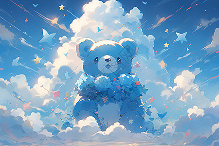 蓝色泡泡熊在天空与云朵中欢乐躺坐图片
