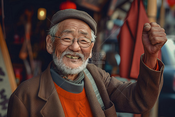 亚洲老人举起拳头图片