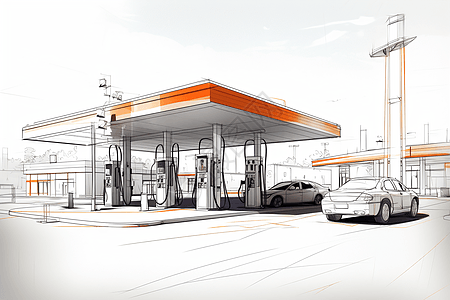 汽车加油城市中的加油站插画