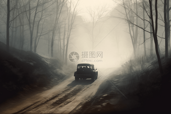 迷雾森林中行驶的老式汽车图片