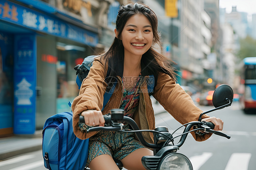 街道中骑车的女孩图片