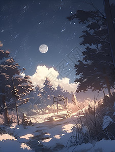 冬夜满月映照下的林间图片