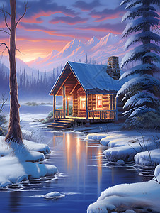 冬日山间河边的木屋图片