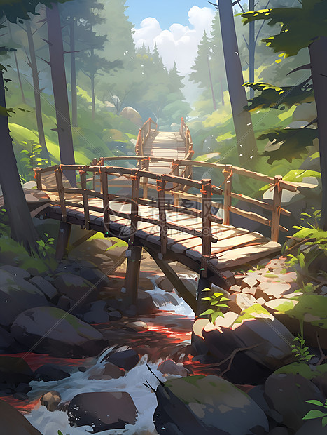 林间小溪上的木桥图片