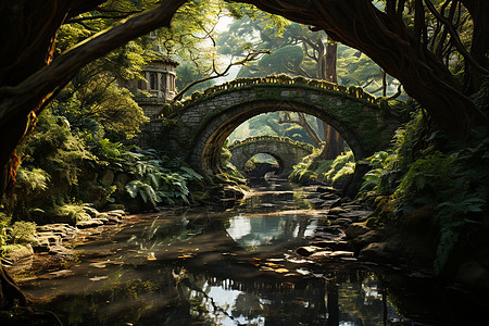 森林中的石桥建筑背景图片