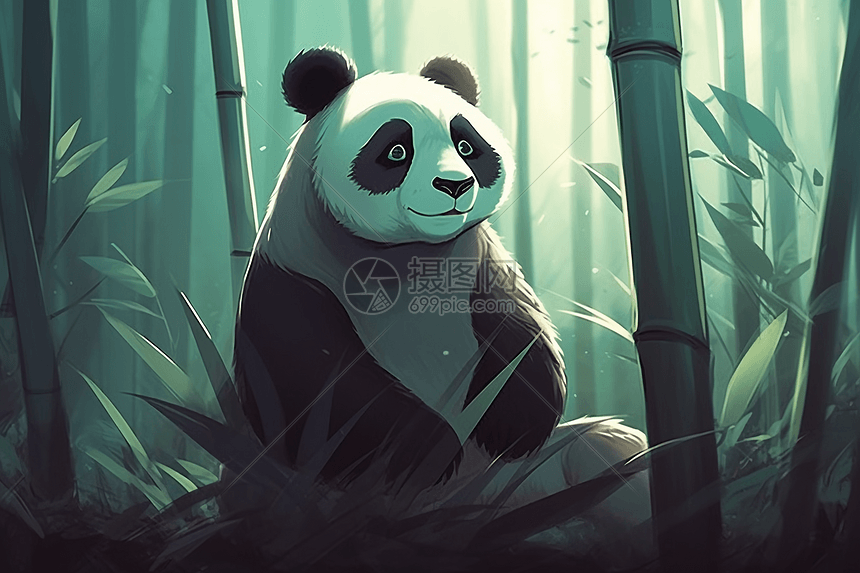 森林中可爱的熊猫绘画图片