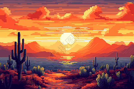 沙漠中壮观的夕阳绘画图片