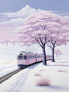 紫色的火车行驶在雪山上图片