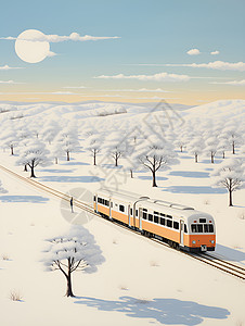 白雪皑皑的田野上有一辆火车经过图片