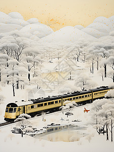 黄色火车飞驰在雪地上图片