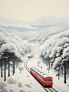 白雪纷飞的森林和火车图片