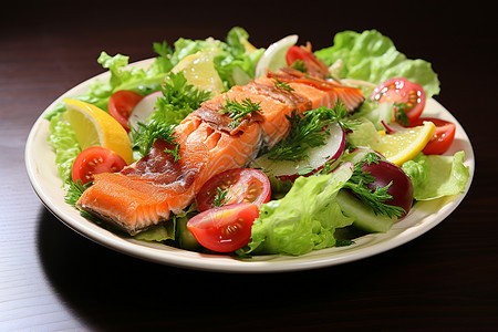 新鲜的蔬菜和鱼肉沙拉图片