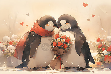 拿着花束的相爱企鹅背景图片