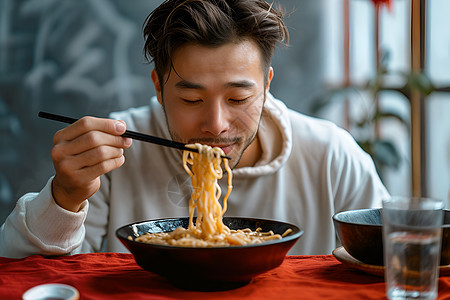 吃泡面的年轻男子图片