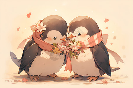 花朵花环甜蜜的企鹅图片