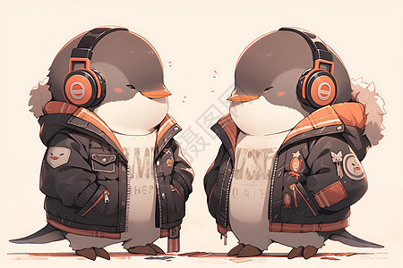 戴着耳机的可爱企鹅背景图片