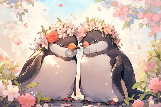 花朵花环中的企鹅图片