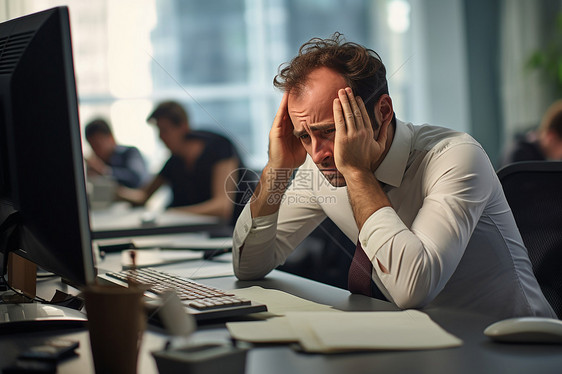 电脑前懊恼的男人图片