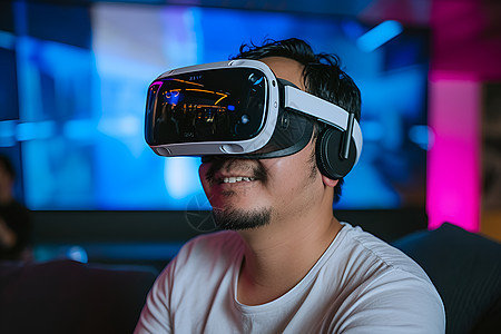 体验VR眼镜的年轻男子图片