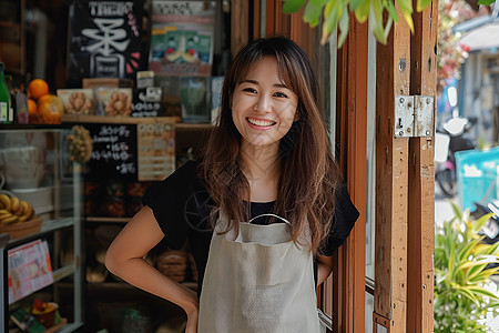 花店前微笑的亚洲女子图片