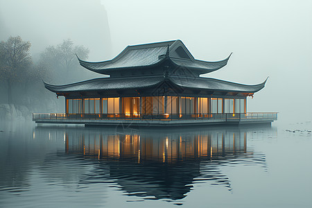 水上漂浮的中国亭子图片