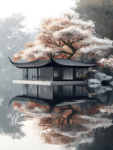 湖畔的中国亭图片