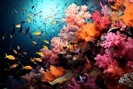 海底的珊瑚礁鱼群背景图片