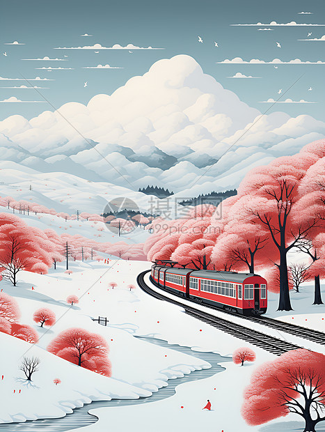 红色火车穿越雪地森林图片