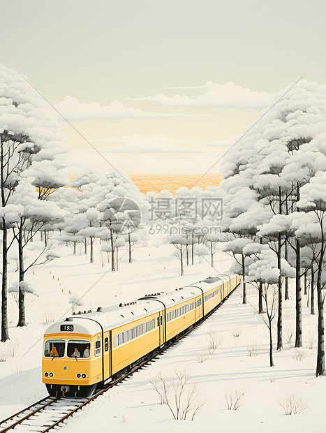 雪地中一列火车在铁轨上滑行图片